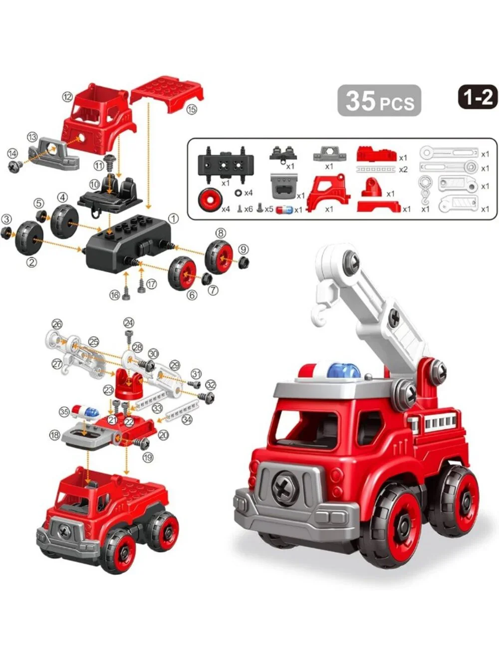 4-in-1 DIY Take Apart Fire Truck Toy with Electric Drill, STEM Building Set for